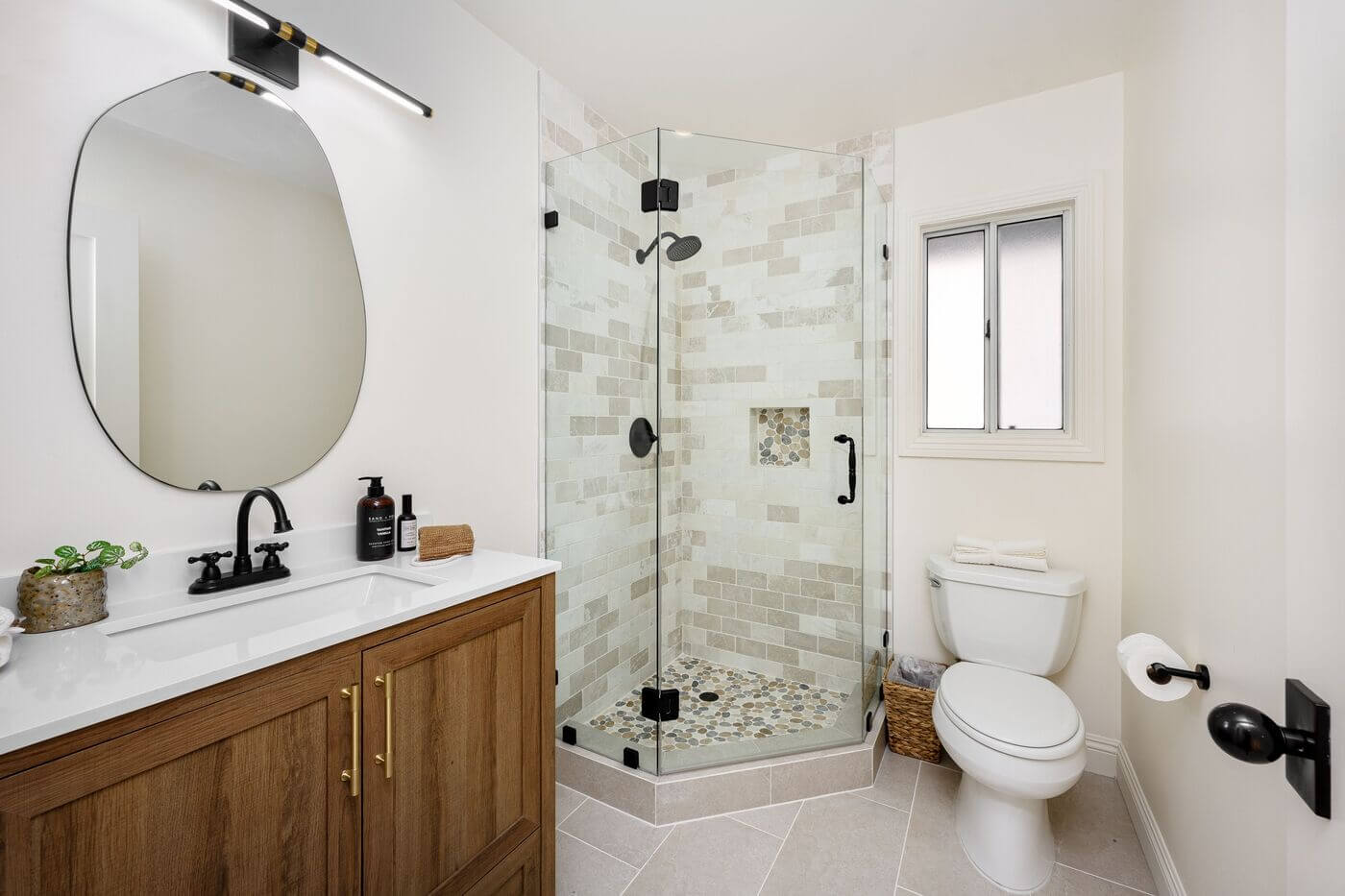 modern bathroom interior with glass shower wooden